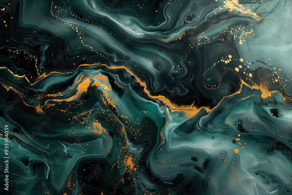 Abstract art with gold glitter on swirling green and black paint. Abstract art with gold glitter on swirling green and black paint.
