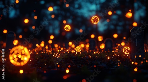 Eerie Midnight Scene in Cemetery with Glowing Orbs and Tombstones - Spooky Atmosphere with Copy Space for Text, Ultra HD Resolution