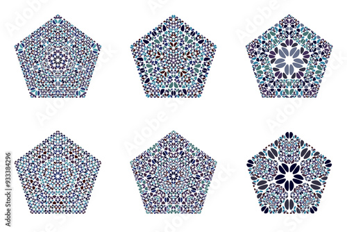 Ornate isolated flower ornament pentagon symbol set - abstract pentagonal geometrical vector element from geometric shapes