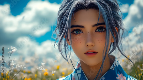 Young woman with blue hair ...