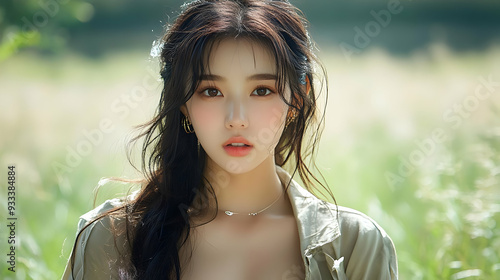 Young woman with long black...