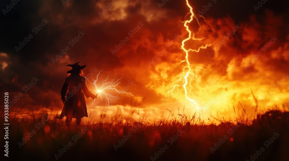 Fototapeta premium Enchanting Witch Casting Powerful Spell with Lightning - Fantasy Background with Copy Space for Text, Selective Focus in Ultra HD Quality