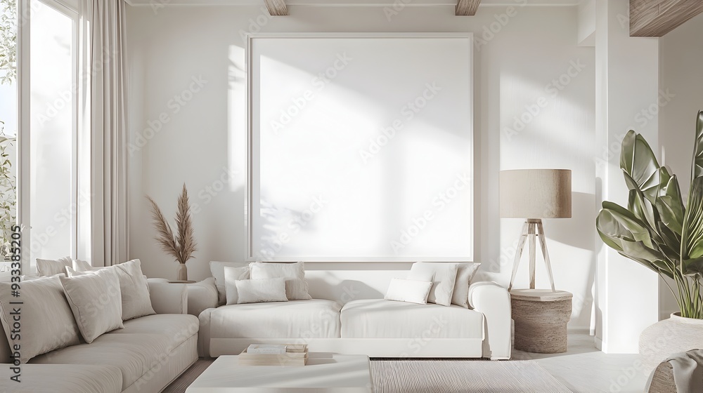 Fototapeta premium A 3D rendered mockup of a white background frame showcasing a cozy and inviting Hamptons inspired decor with coastal accents