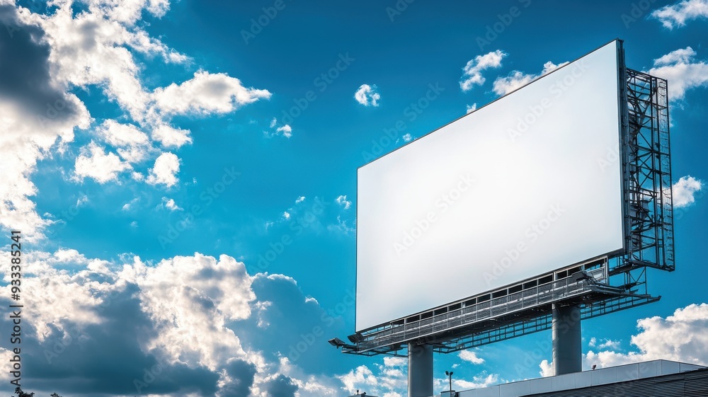 Fototapeta premium Large advertising billboard on a modern office building, reflections of blue sky and clouds with vibrant city life below, sleek and contemporary design. Empty advertising banner