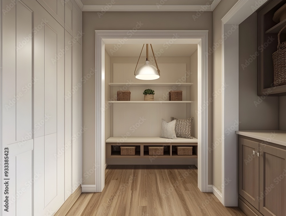 A 3D rendered mockup of a white background frame showcasing a modern and transitional mudroom design with built-in storage,a sleek bench,and a statement pendant lighting fixture,creating a bright. A 3D rendered mockup of a white background frame showcasing a modern and transitional mudroom design with built-in storage,a sleek bench,and a statement pendant lighting fixture,creating a bright.