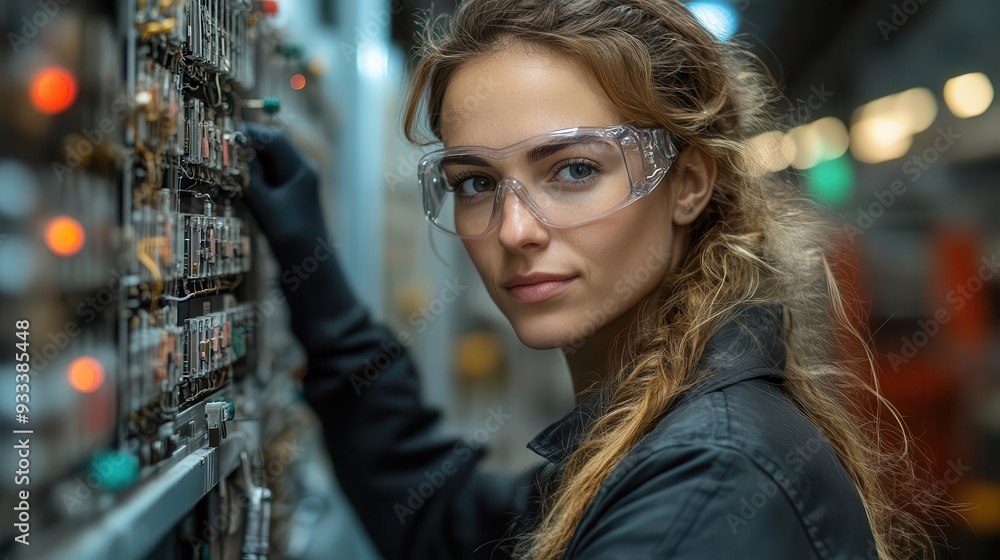 female electrician in protective gear working on open fuse box concentration evident surrounded by tools and wires in industrial setting female electrician in protective gear working on open fuse box concentration evident surrounded by tools and wires in industrial setting