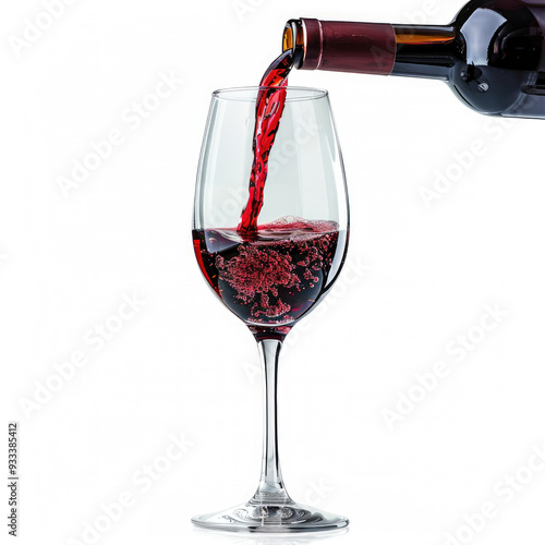 A glass of red wine is being poured into a glass isolated White Background 