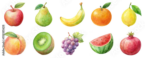 Fresh fruits in watercolor illustration set. Each product in pastel colors and isolated on transparent background.