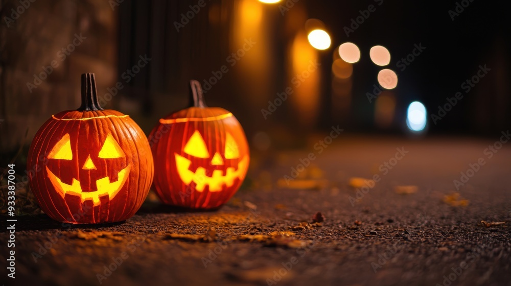 Fototapeta premium Glowing Jack-o'-lanterns Graffiti: Urban Halloween Street Art in Ultra HD with Copy Space for Text