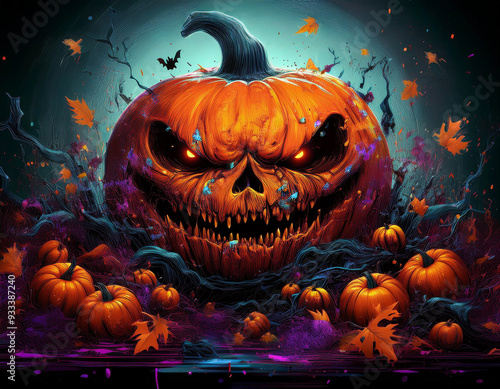 Halloween pumpkin with other halloween elements  photo