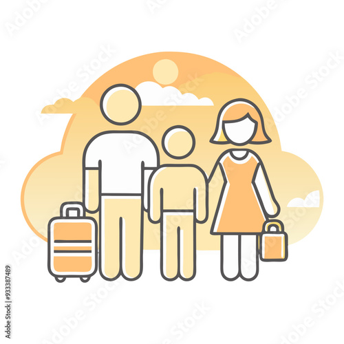 Family with Luggage Icon, Minimalist Style, Travel Concept, Yellow Background