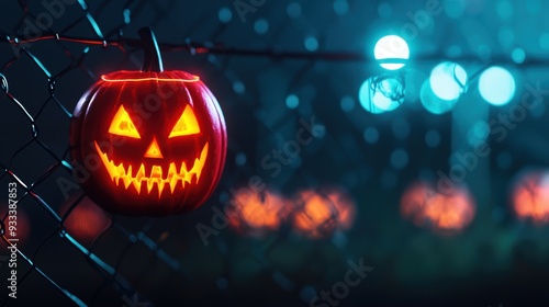 Wallpaper Mural Glowing Cyberpunk Halloween: Jack-o'-lanterns in Neon Urban Setting with Copy Space, Selective Focus in Ultra HD Torontodigital.ca