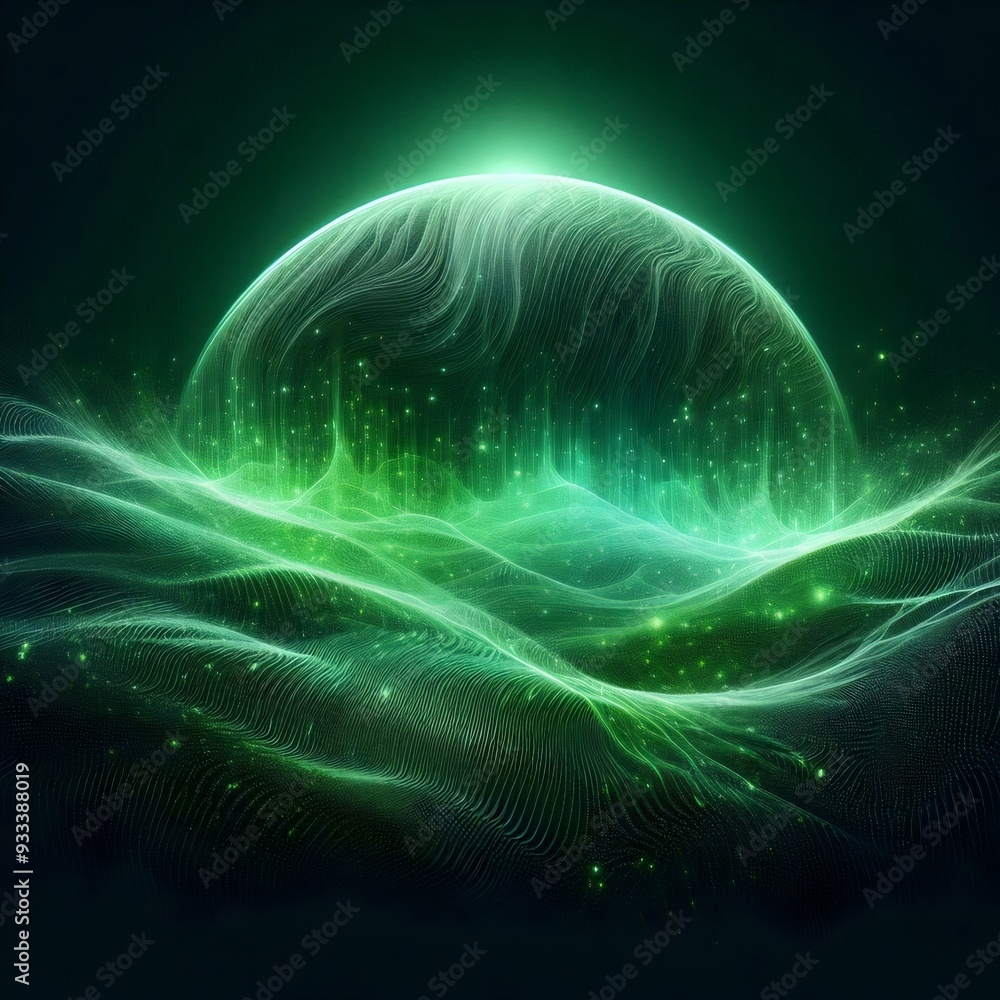 Green glowing background. 3D illustration., visualization of a particle of the universe. Green glowing background. 3D illustration., visualization of a particle of the universe.