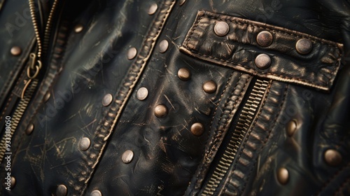 A close-up of bronze rivets on a vintage leather jacket, showcasing durability and style