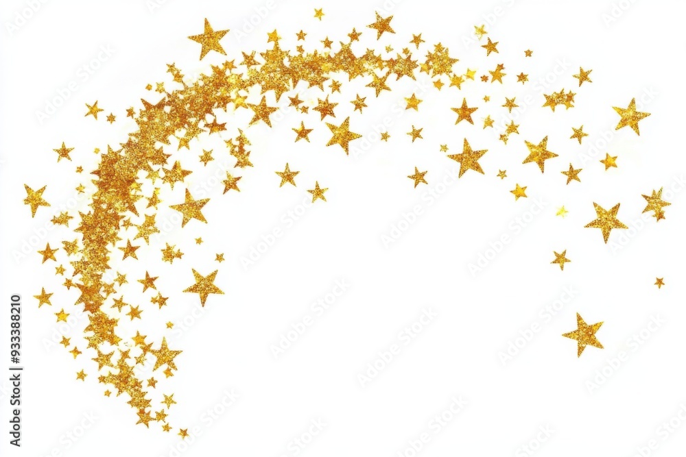A beautiful arc of golden glittering stars on a white background, creating a magical atmosphere. A beautiful arc of golden glittering stars on a white background, creating a magical atmosphere.