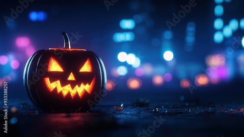Wallpaper Mural Glowing Cyberpunk Jack-o'-Lanterns in Urban Halloween Setting with Copy Space, Selective Focus, Ultra HD Photo Torontodigital.ca