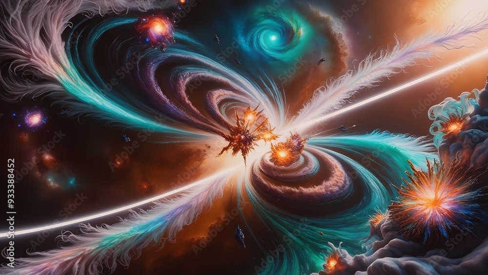 Fototapeta premium Glowing fractal swirl with a cosmic backdrop of stars and vibrant colors