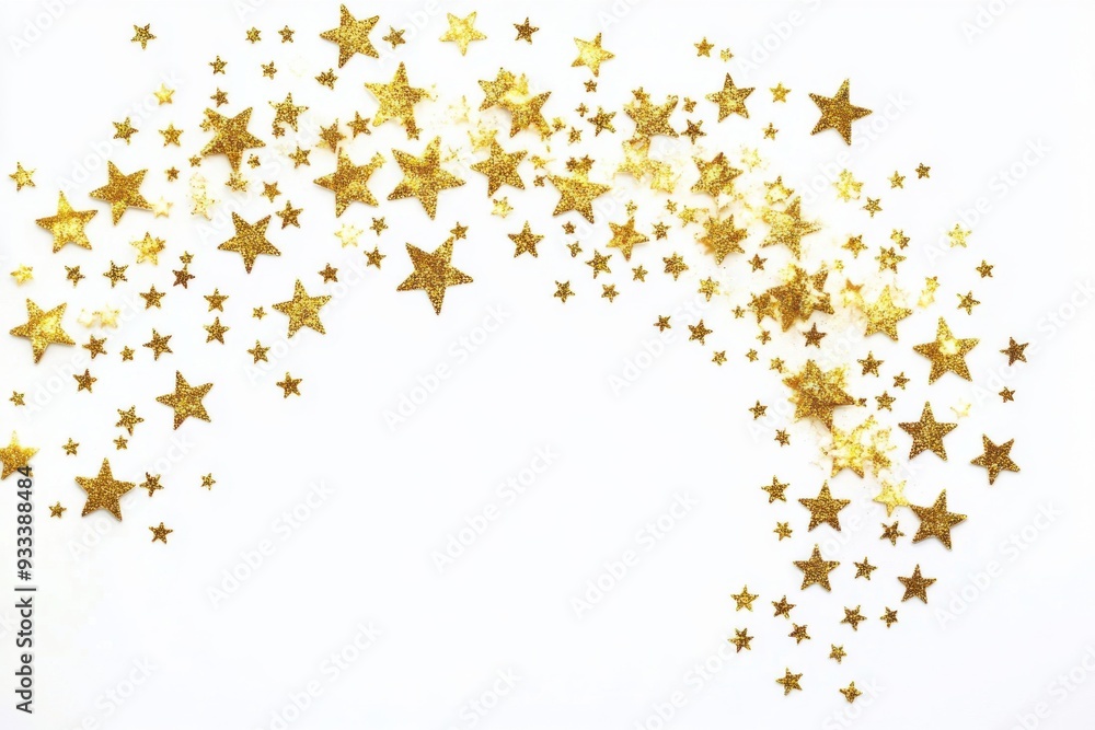 A scattering of golden glitter stars on a white background, forming an artistic arching pattern. A scattering of golden glitter stars on a white background, forming an artistic arching pattern.