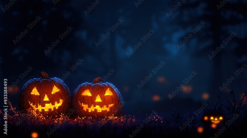 Glowing Pumpkins Pixel Art Retro Halloween Scene with Copy Space, Selective Focus in Ultra HD Glowing Pumpkins Pixel Art Retro Halloween Scene with Copy Space, Selective Focus in Ultra HD