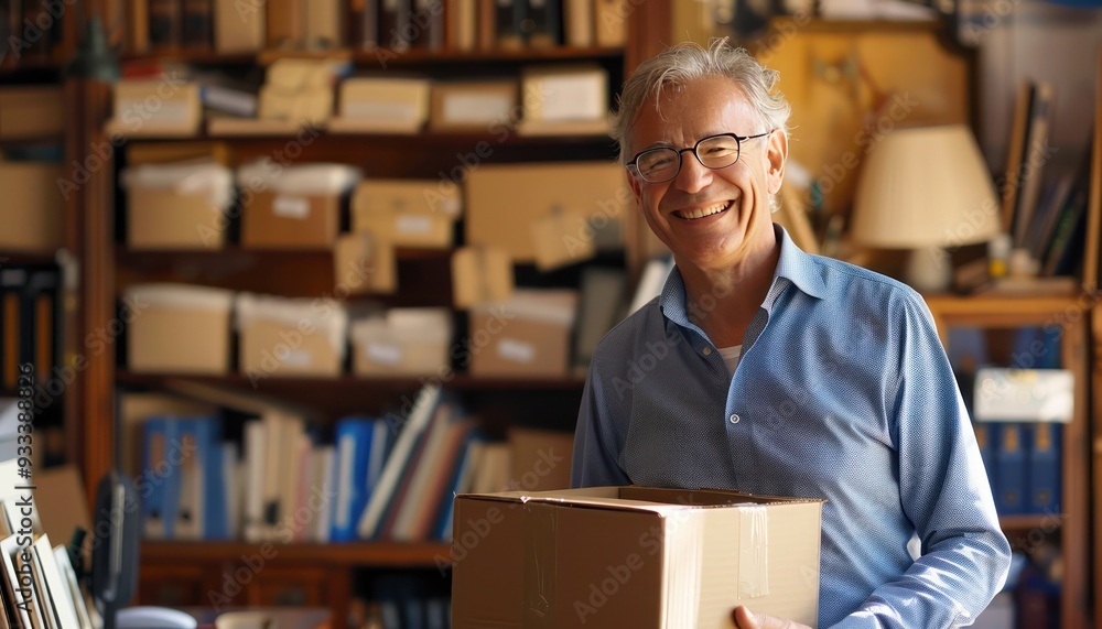Senior businessman in home office, e-commerce, transport company style, smiling, with moving boxes. Senior businessman in home office, e-commerce, transport company style, smiling, with moving boxes.