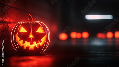 Wallpaper Mural Glowing Jack-o'-Lanterns Amid Neon Graffiti in Urban Halloween Setting with Copy Space, Selective Focus - Ultra HD Torontodigital.ca