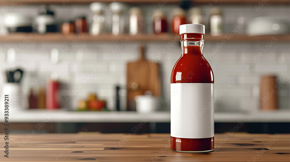 mock up of a plain red sauce bottle, bottle with white cap and blank label, kitchen table backgroun mock up of a plain red sauce bottle, bottle with white cap and blank label, kitchen table backgroun