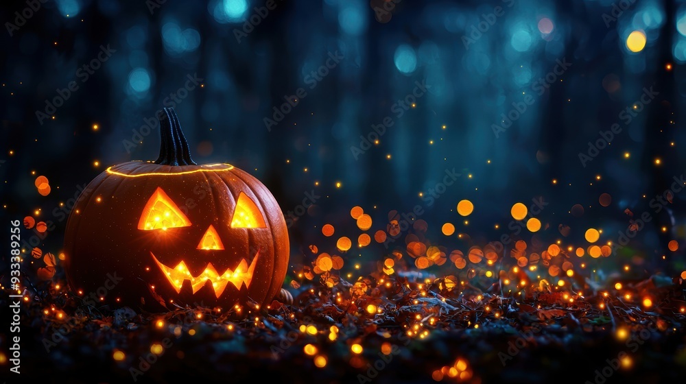 Fototapeta premium Enchanting Halloween Forest Scene with Glowing Pumpkins and Fireflies, Ultra HD Quality, Copy Space Available for Text