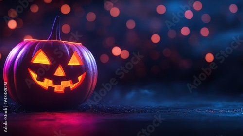 Wallpaper Mural Spooky Jack o' Lanterns Illuminated by Neon Lights in a Contemporary Halloween Scene with Copy Space for Text, Selective Focus on Foreground, Ultra HD Quality Torontodigital.ca