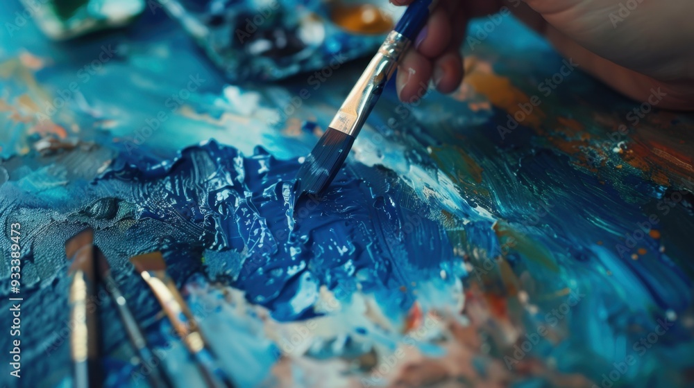 A close-up of dark blue watercolors being mixed on an artist palette, ready for painting A close-up of dark blue watercolors being mixed on an artist palette, ready for painting