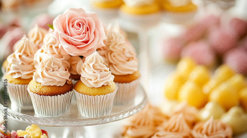 Delicate Rose-Topped Cupcakes on Display Delicate Rose-Topped Cupcakes on Display