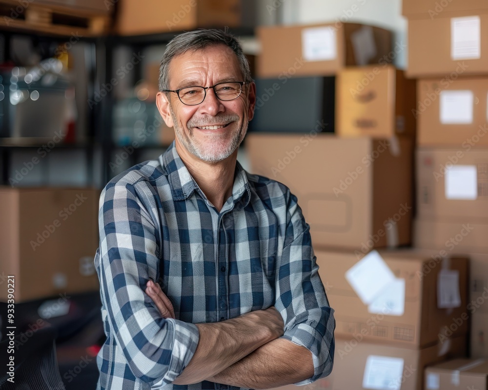 Senior businessman in home office, e-commerce store owner, transport company style, smiling, with boxes. Senior businessman in home office, e-commerce store owner, transport company style, smiling, with boxes.