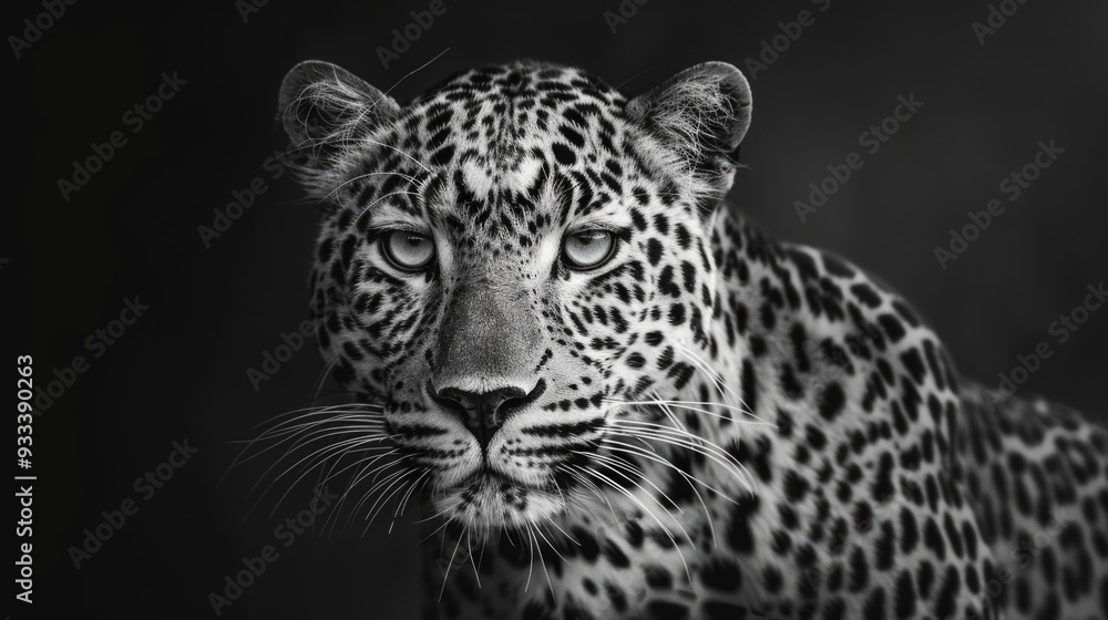 A close-up photo of a leopard's face in monochrome tones