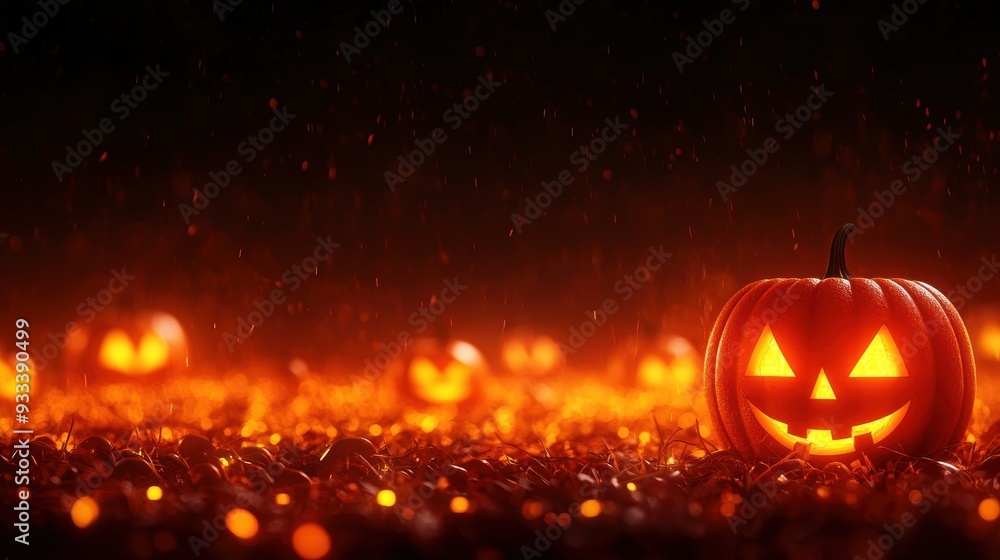 Fototapeta premium Eerie Glowing Jack-o'-lanterns in Halloween Environment with Copy Space for Text, Selective Focus on Foreground, Ultra HD Quality