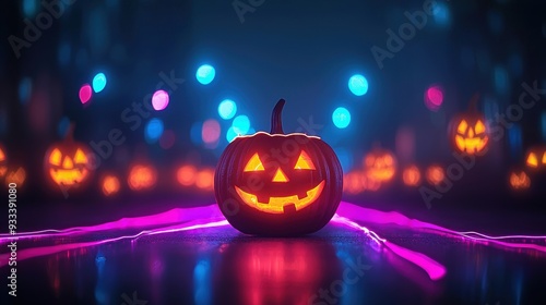 Wallpaper Mural Spooky Jack-o'-Lanterns Illuminated with Neon Lights in Urban Halloween Scene - Ultra HD Torontodigital.ca