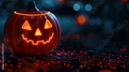 Wallpaper Mural Glowing Jack-o'-Lanterns: Futuristic Tech-Inspired Halloween Decor with Copy Space in Ultra HD Torontodigital.ca