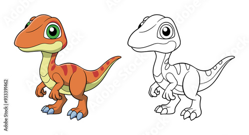 Cute dinosaur velociraptor coloring page, dino colour sheet. Outline cartoon vector illustration for children book, line drawing.
