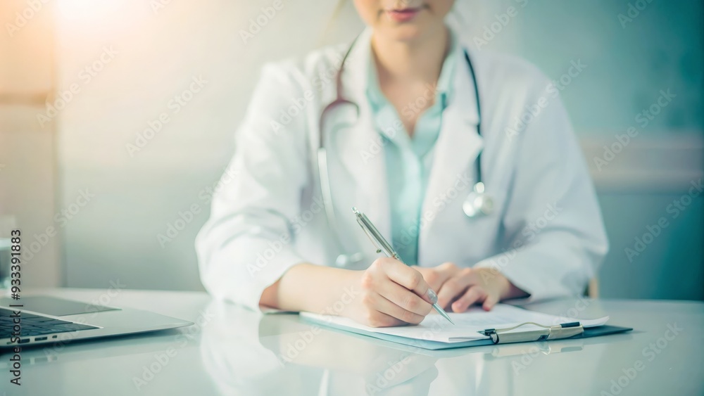 Close up of doctor woman working on financial documents with hands clasped, copy space Close up of doctor woman working on financial documents with hands clasped, copy space