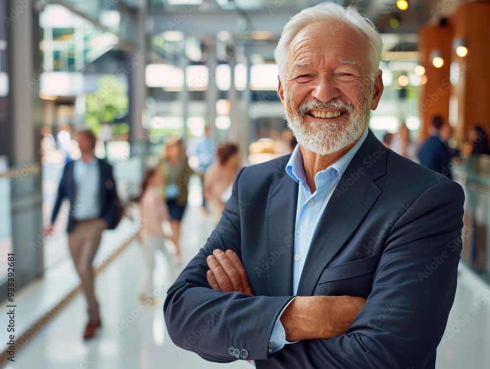 Senior businessman smiling confidently with arms crossed, sleek office setting, people walking in background, professional quality. Senior businessman smiling confidently with arms crossed, sleek office setting, people walking in background, professional quality.