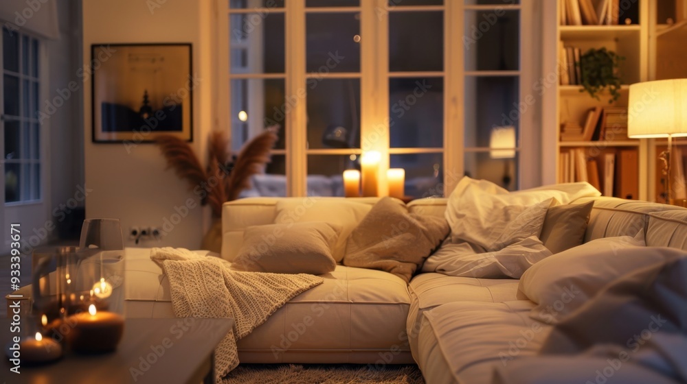 A cozy living room with cream-colored sofas and soft lighting, creating a warm and inviting space A cozy living room with cream-colored sofas and soft lighting, creating a warm and inviting space