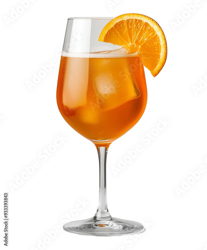 Aperol Spritz cocktail with Aperol, prosecco and soda water, garnished with orange slice served in wine glass isolated on transparent background photo