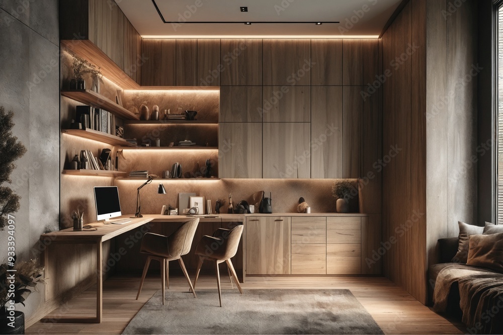 Cozy Home Office with Wooden Furniture and Warm Lighting Cozy Home Office with Wooden Furniture and Warm Lighting