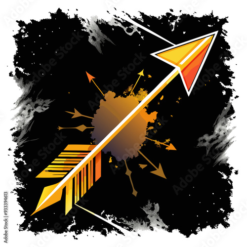 a stylized arrow pointing diagonally upwards to the right. The arrow is colored in shades of orange and yellow, with a gradient effect. It has a white outline, and the arrowhead is sharp and triangula