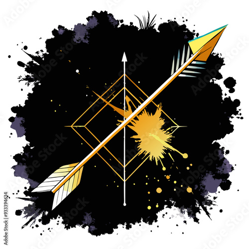 a stylized design with a black splattered background. In the center, there is a geometric shape resembling a diamond or square turned on its point