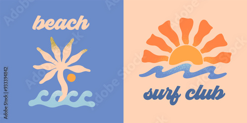 Vector abstract summer beach,surf club emblems.Hand drawn palm,ocean or sea waves with sun.Modern graphic in naive simple style for banners,smm,branding,covers,prints.Retro summer vacation aesthetic