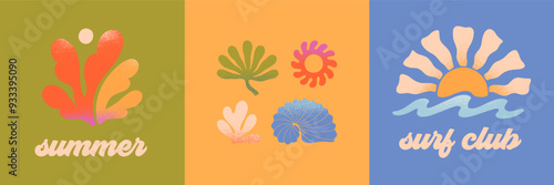 Vector abstract summer beach,surf club emblems.Hand drawn seashell,palm,coral,ocean waves with sun.Modern graphic in simple style for banners,smm,branding,covers,prints.Retro summer vacation aesthetic