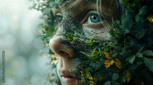 Surreal Portrait of a Young Woman’s Face Intertwined with Lush Green Leaves and Yellow Flowers, Blending Human Features with Nature to Represent Growth, Harmony, and Connection to the Earth