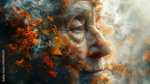 Surreal Artistic Portrait of an Elderly Woman’s Face Blended with Abstract Swirls of Smoke and Fire-Like Colors Representing Aging, Wisdom, and the Passage of Time in a Creative and Evocative Style