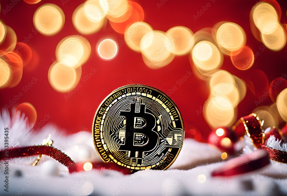Bitcoin on red background AND christmas
