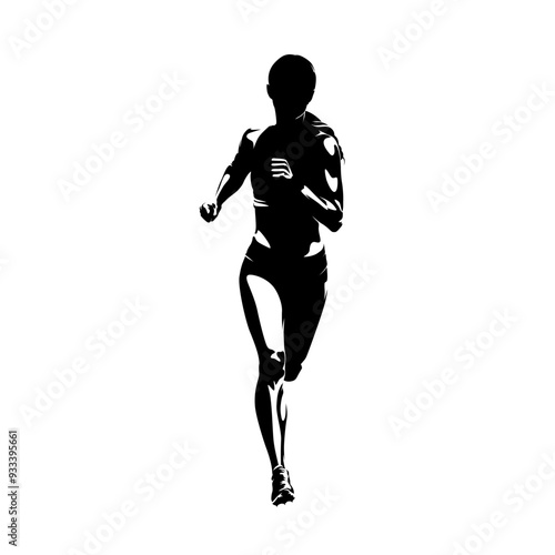 Run, running woman, front view, isolated vector silhouette