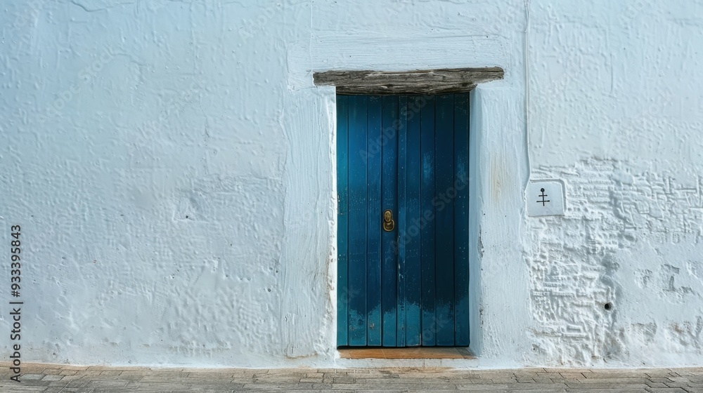 A dark blue door on a whitewashed building, creating a striking contrast A dark blue door on a whitewashed building, creating a striking contrast
